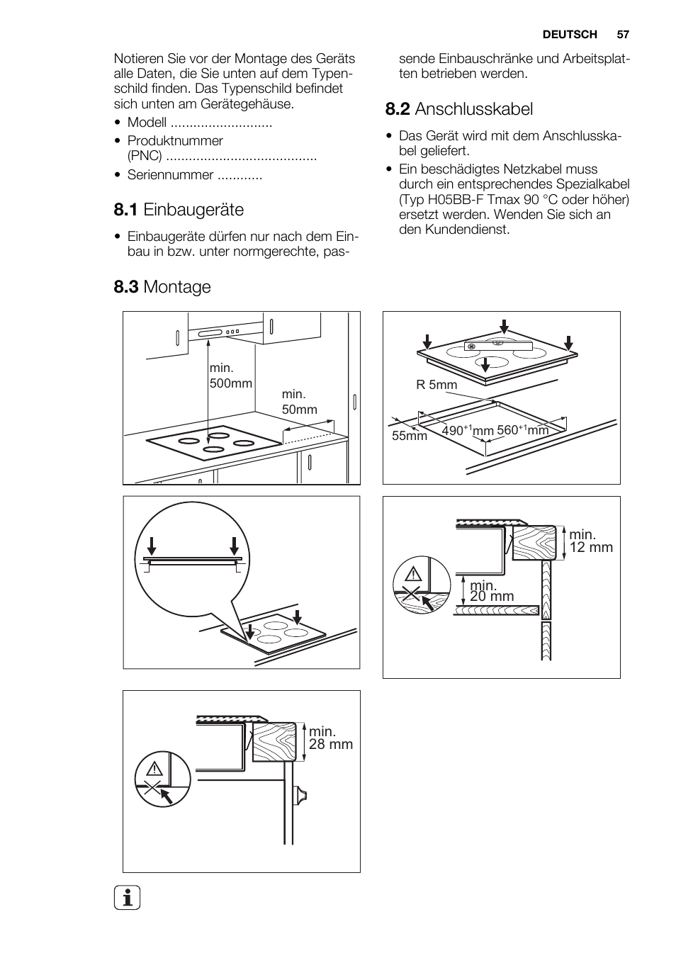 1 einbaugeräte, 2 anschlusskabel, 3 montage | Electrolux EHF6547FOK User Manual | Page 57 / 60