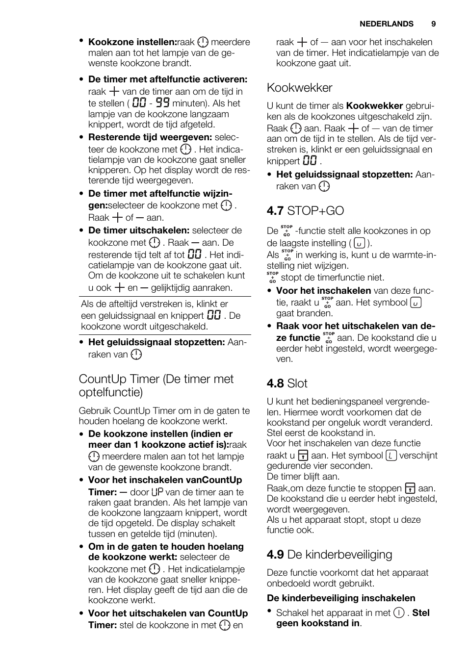 Countup timer (de timer met optelfunctie), Kookwekker, 7 stop+go | 8 slot, 9 de kinderbeveiliging | Electrolux EHF6547FOK User Manual | Page 9 / 60