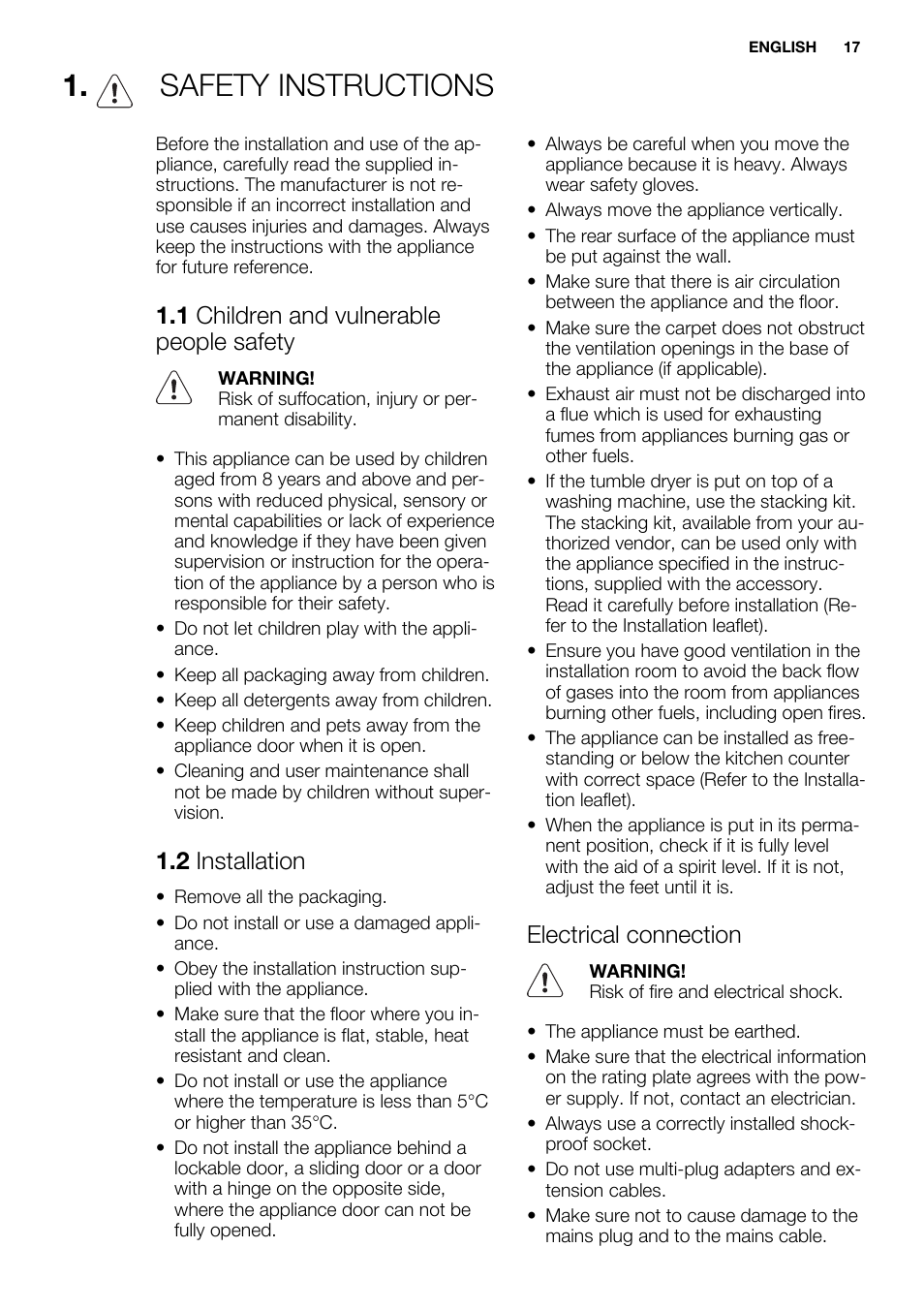 Safety instructions, 1 children and vulnerable people safety, 2 installation | Electrical connection | Electrolux EDC2096GDW User Manual | Page 17 / 64