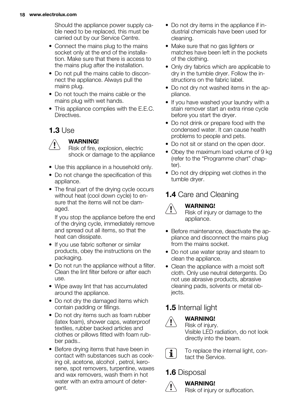 3 use, 4 care and cleaning, 5 internal light | 6 disposal | Electrolux EDC2096GDW User Manual | Page 18 / 64