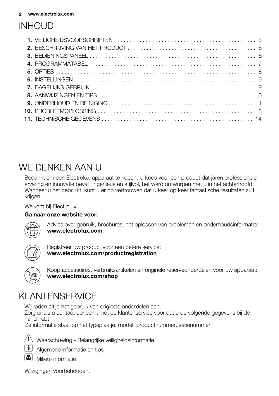 Inhoud, We denken aan u, Klantenservice | Electrolux EDC2096GDW User Manual | Page 2 / 64