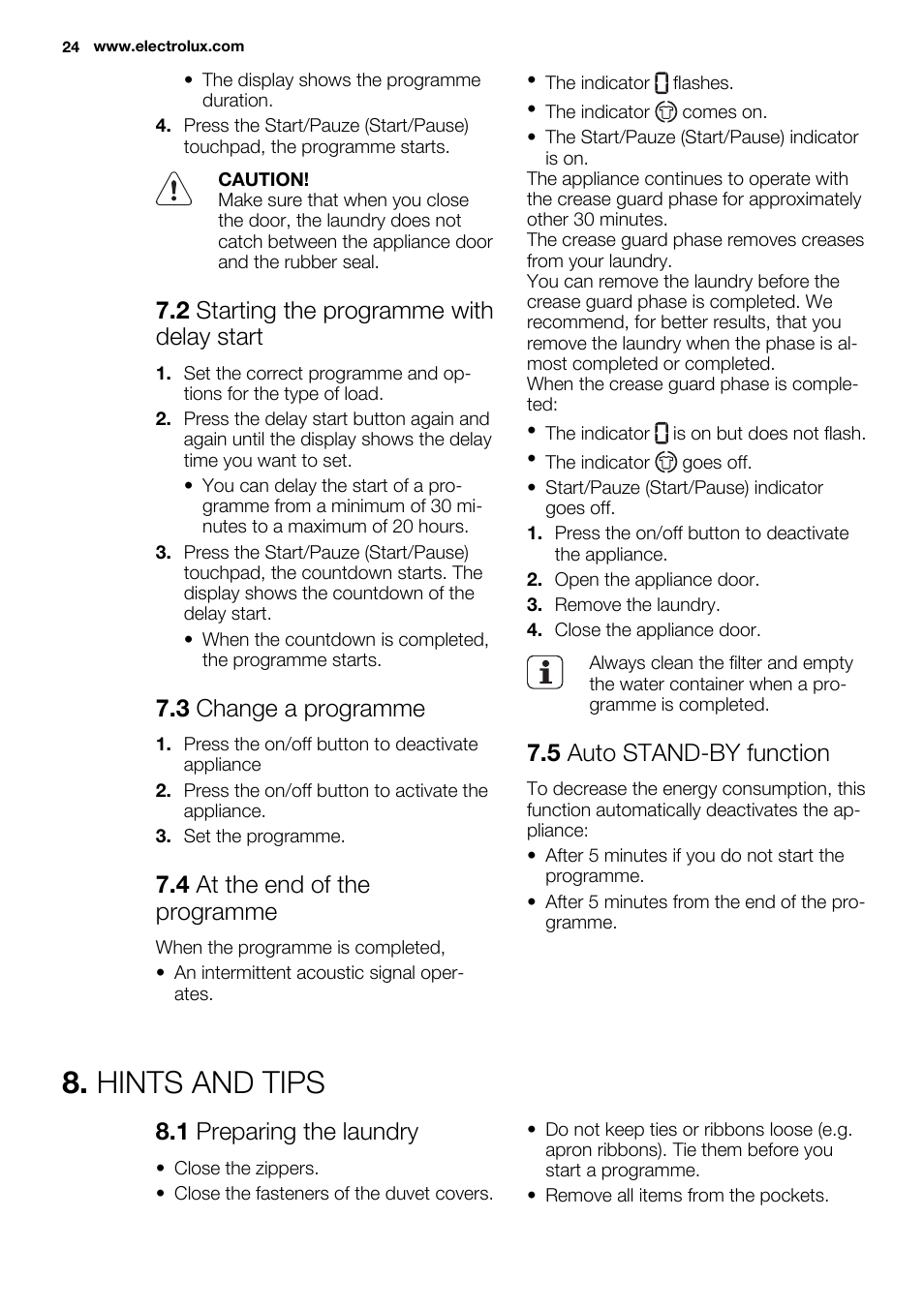 Hints and tips, 2 starting the programme with delay start, 3 change a programme | 4 at the end of the programme, 5 auto stand-by function, 1 preparing the laundry | Electrolux EDC2096GDW User Manual | Page 24 / 64