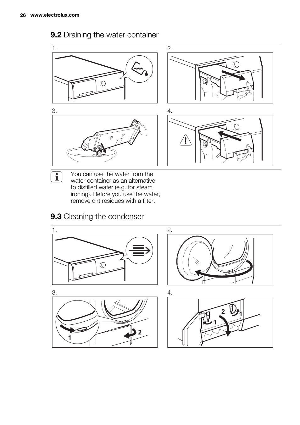 2 draining the water container, 3 cleaning the condenser | Electrolux EDC2096GDW User Manual | Page 26 / 64