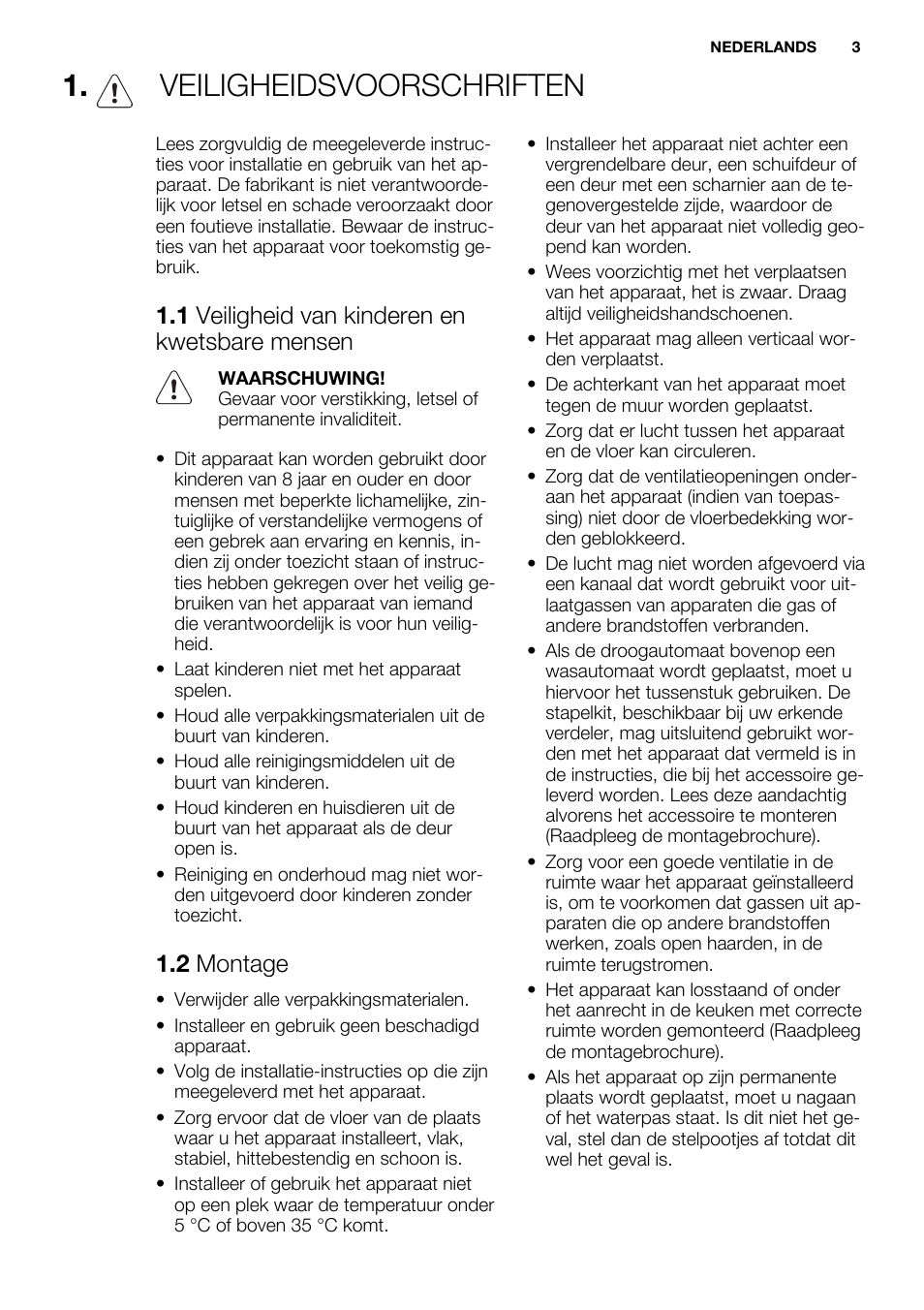 Veiligheidsvoorschriften, 1 veiligheid van kinderen en kwetsbare mensen, 2 montage | Electrolux EDC2096GDW User Manual | Page 3 / 64