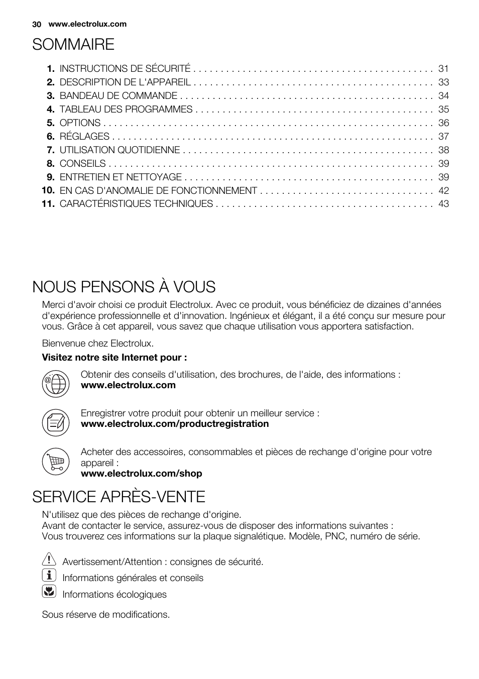 Sommaire, Nous pensons à vous, Service après-vente | Electrolux EDC2096GDW User Manual | Page 30 / 64