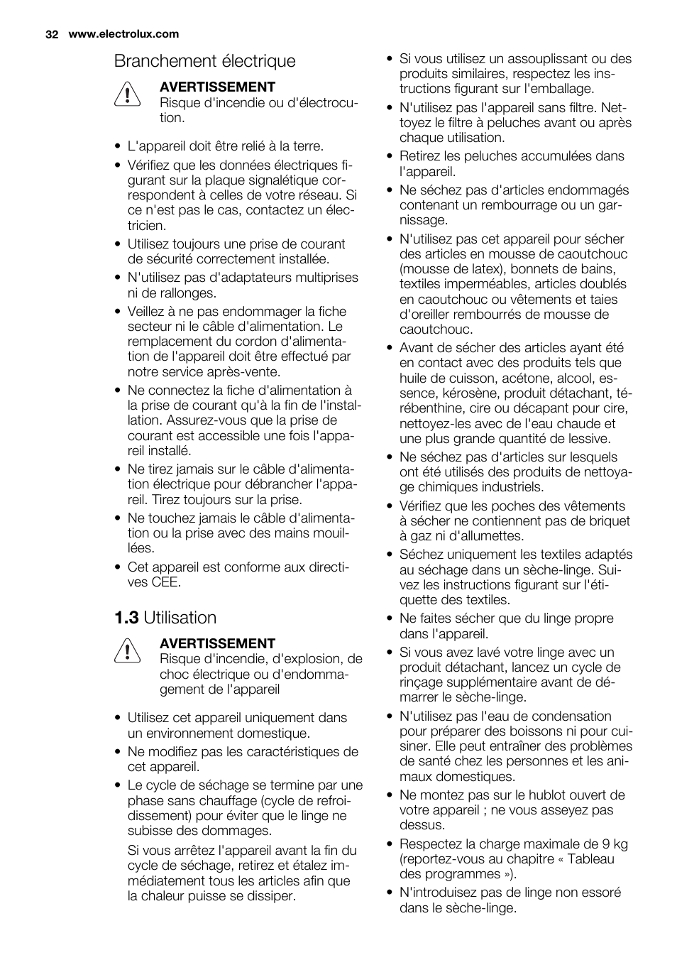 Branchement électrique, 3 utilisation | Electrolux EDC2096GDW User Manual | Page 32 / 64