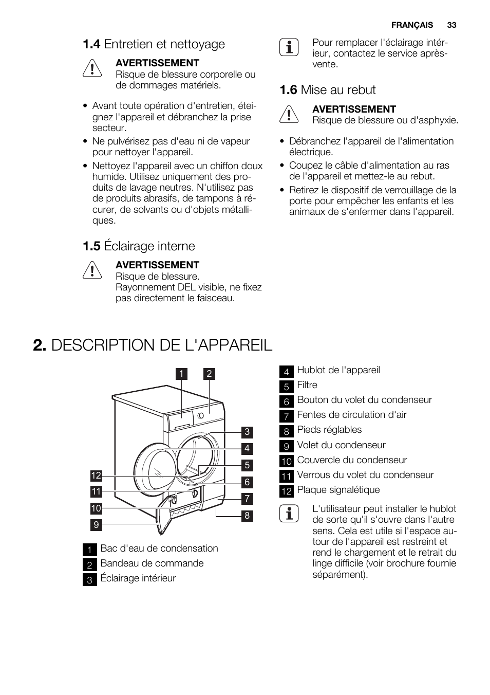 Description de l'appareil, 4 entretien et nettoyage, 5 éclairage interne | 6 mise au rebut | Electrolux EDC2096GDW User Manual | Page 33 / 64
