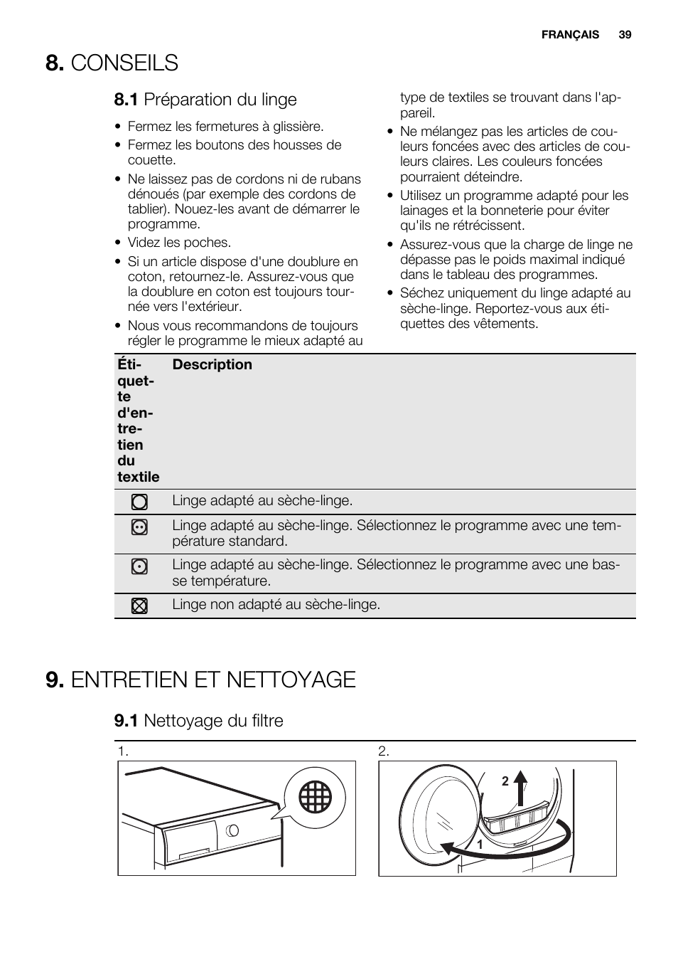 Conseils, Entretien et nettoyage, 1 préparation du linge | 1 nettoyage du filtre | Electrolux EDC2096GDW User Manual | Page 39 / 64