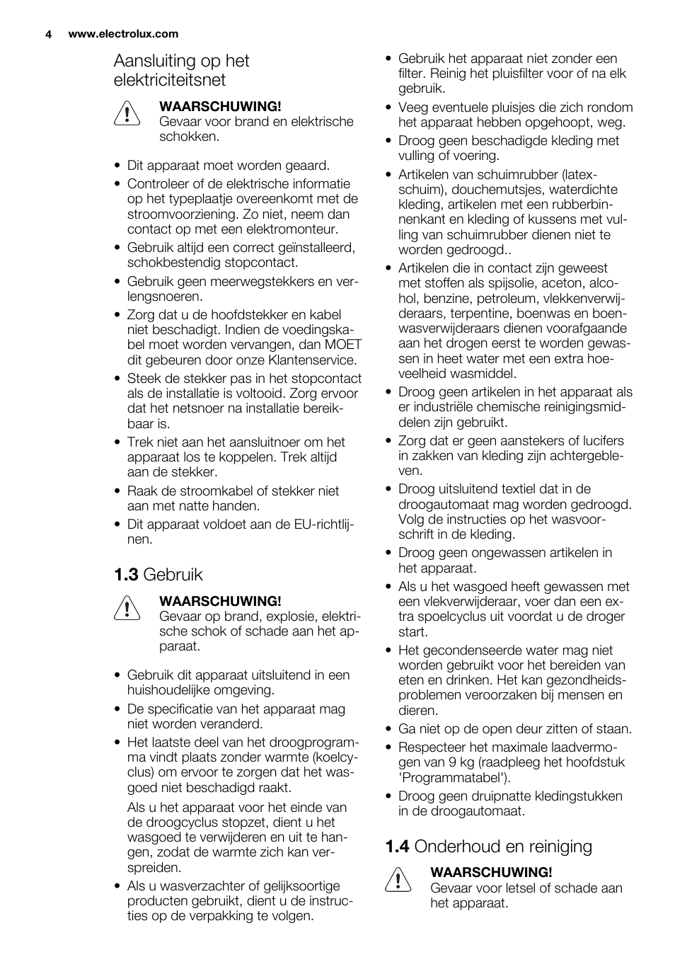 Aansluiting op het elektriciteitsnet, 3 gebruik, 4 onderhoud en reiniging | Electrolux EDC2096GDW User Manual | Page 4 / 64