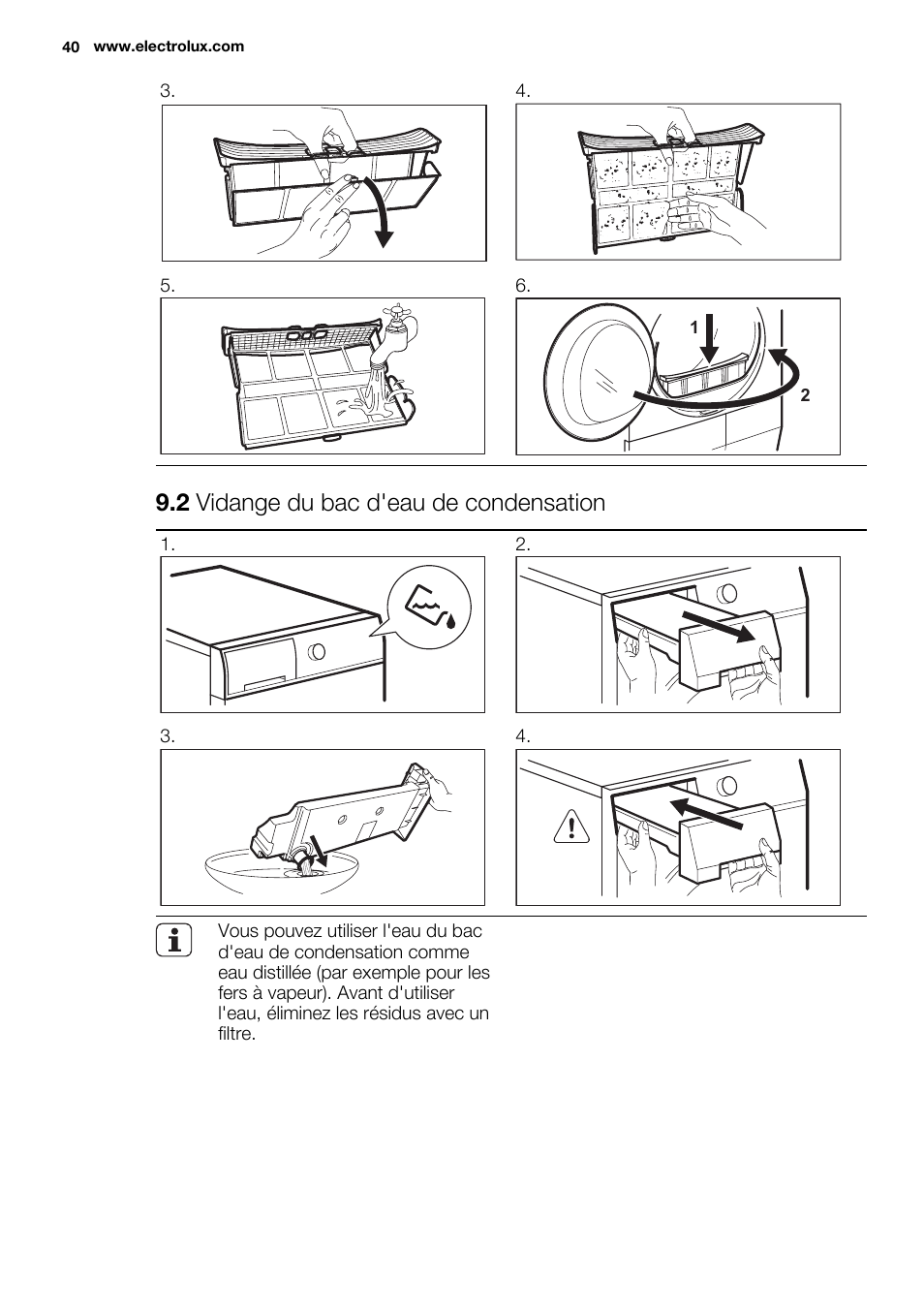 2 vidange du bac d'eau de condensation | Electrolux EDC2096GDW User Manual | Page 40 / 64