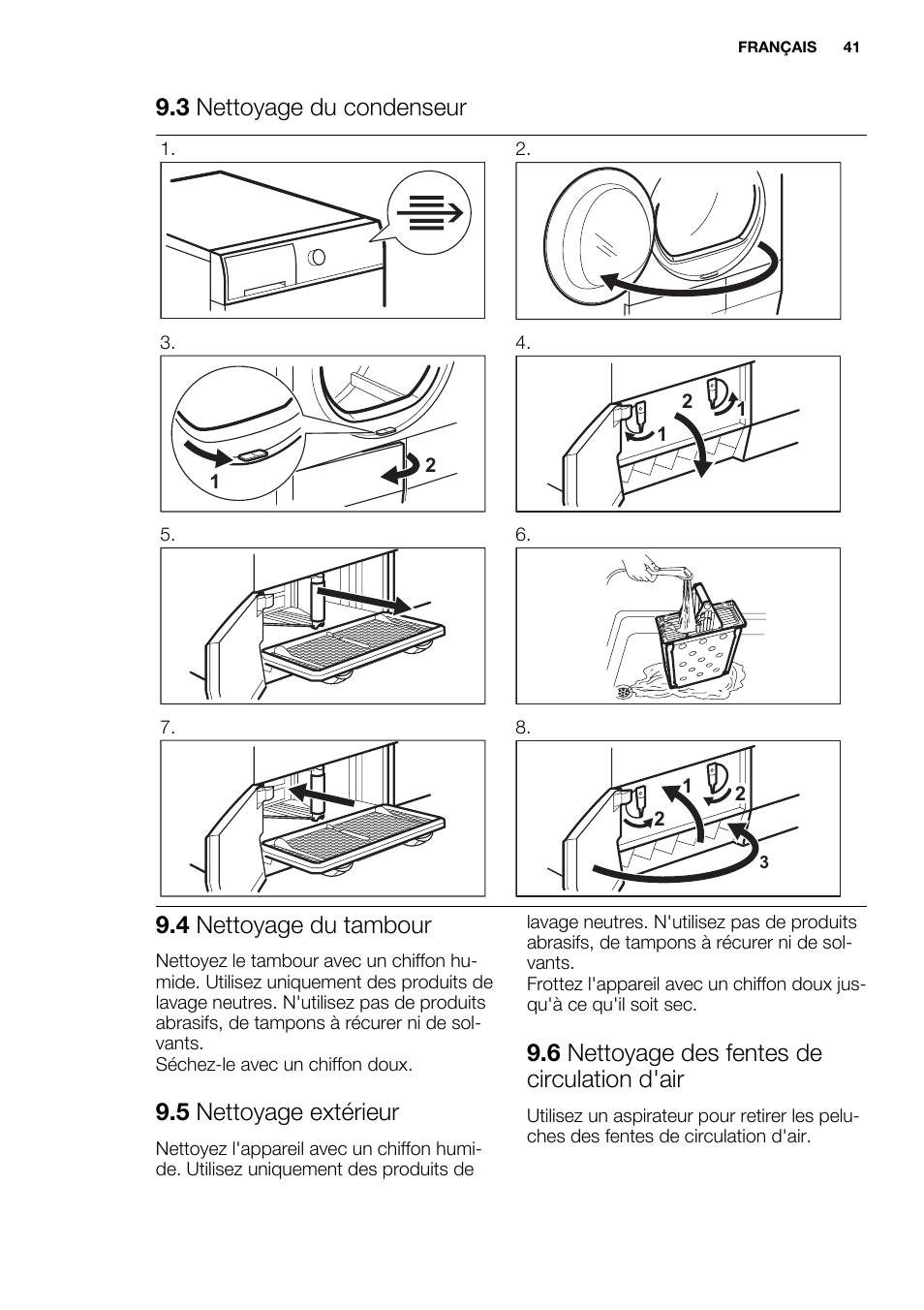 3 nettoyage du condenseur, 4 nettoyage du tambour, 5 nettoyage extérieur | 6 nettoyage des fentes de circulation d'air | Electrolux EDC2096GDW User Manual | Page 41 / 64