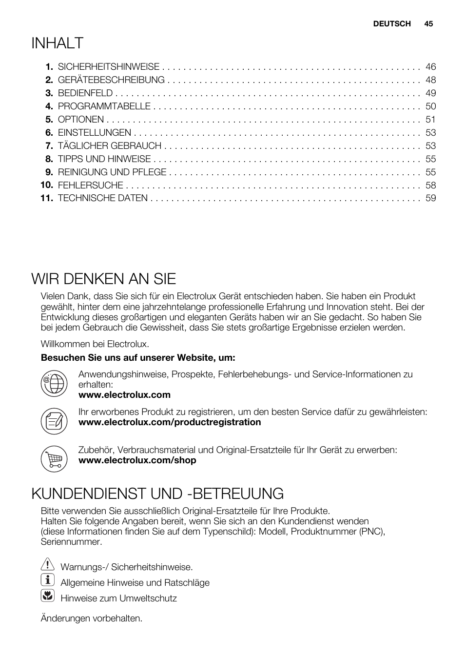 Inhalt, Wir denken an sie, Kundendienst und -betreuung | Electrolux EDC2096GDW User Manual | Page 45 / 64