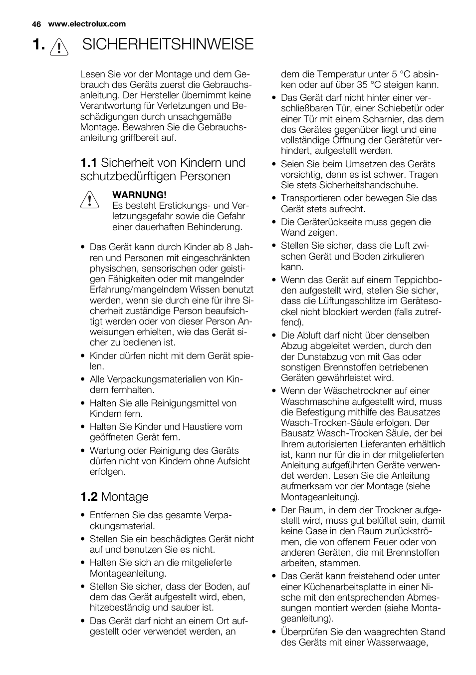 Sicherheitshinweise, 2 montage | Electrolux EDC2096GDW User Manual | Page 46 / 64