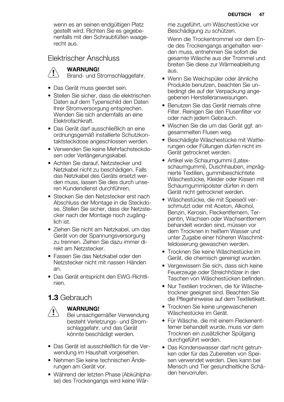 Elektrischer anschluss, 3 gebrauch | Electrolux EDC2096GDW User Manual | Page 47 / 64