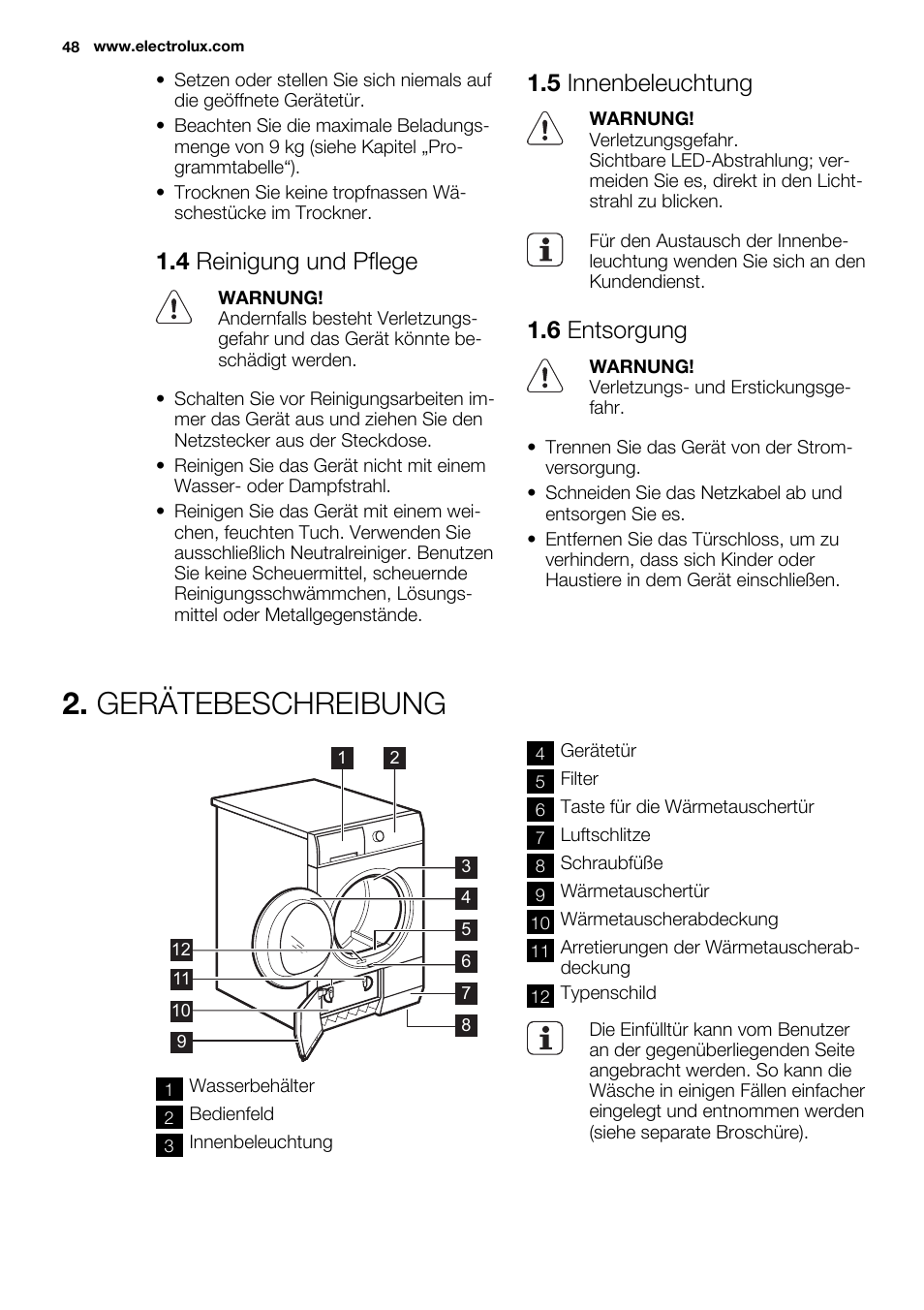 Gerätebeschreibung, 4 reinigung und pflege, 5 innenbeleuchtung | 6 entsorgung | Electrolux EDC2096GDW User Manual | Page 48 / 64