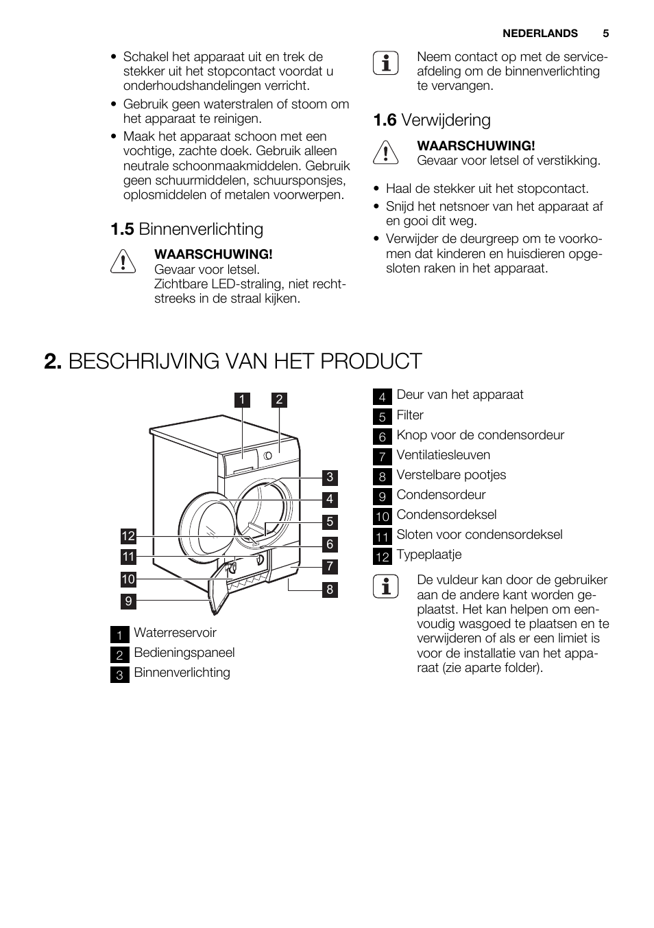 Beschrijving van het product, 5 binnenverlichting, 6 verwijdering | Electrolux EDC2096GDW User Manual | Page 5 / 64