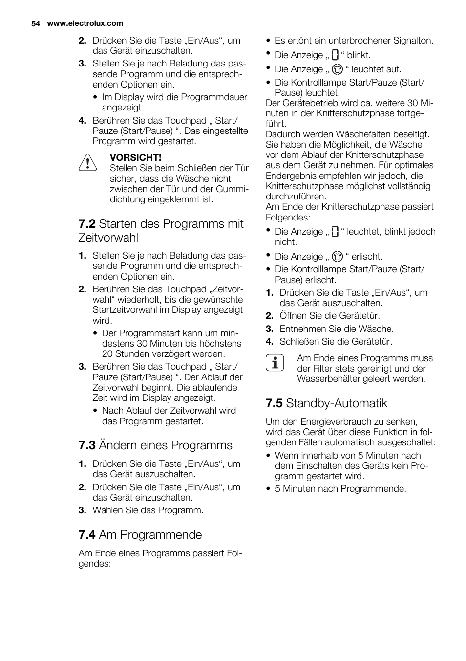 2 starten des programms mit zeitvorwahl, 3 ändern eines programms, 4 am programmende | 5 standby-automatik | Electrolux EDC2096GDW User Manual | Page 54 / 64