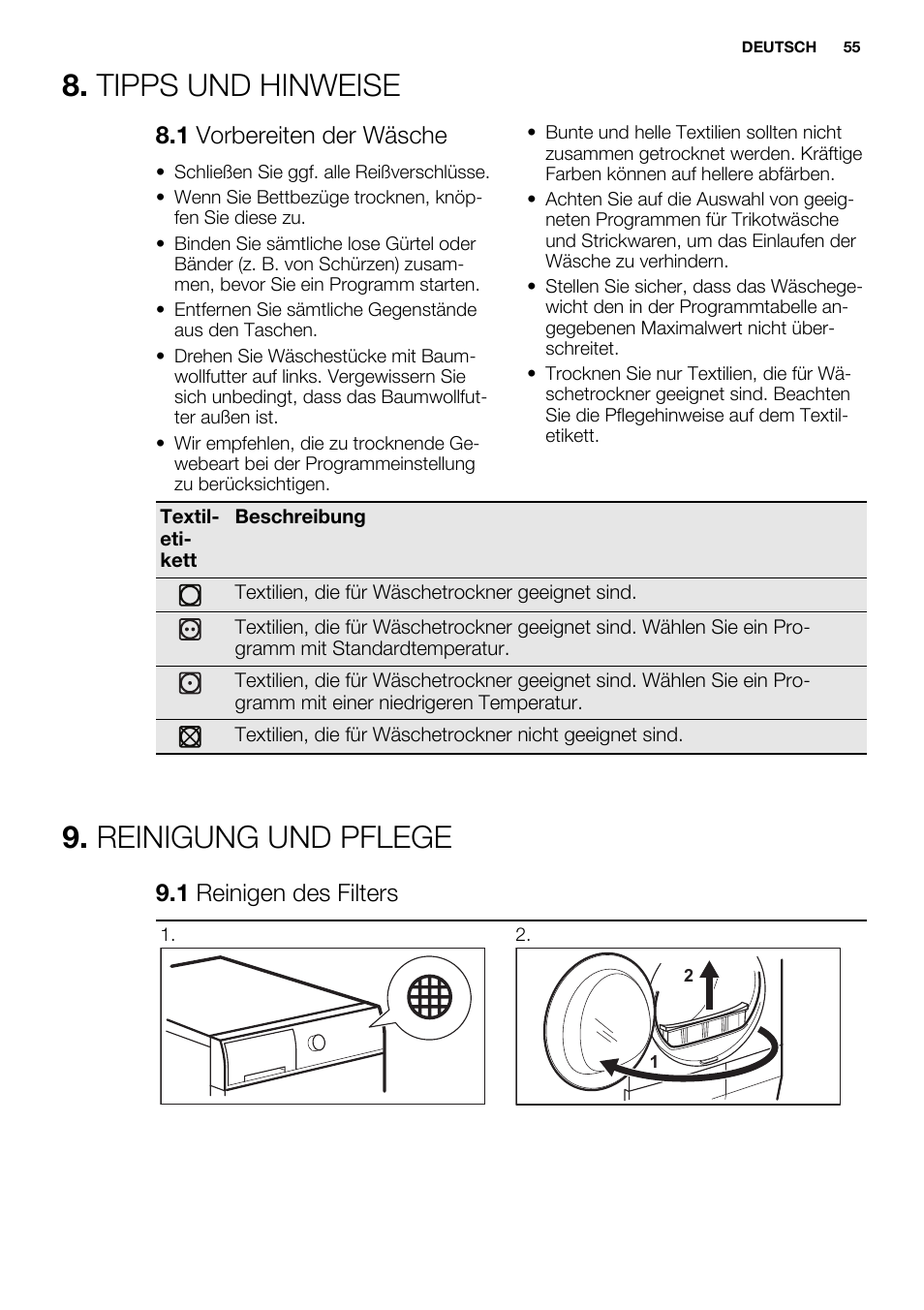 Tipps und hinweise, Reinigung und pflege, 1 vorbereiten der wäsche | 1 reinigen des filters | Electrolux EDC2096GDW User Manual | Page 55 / 64