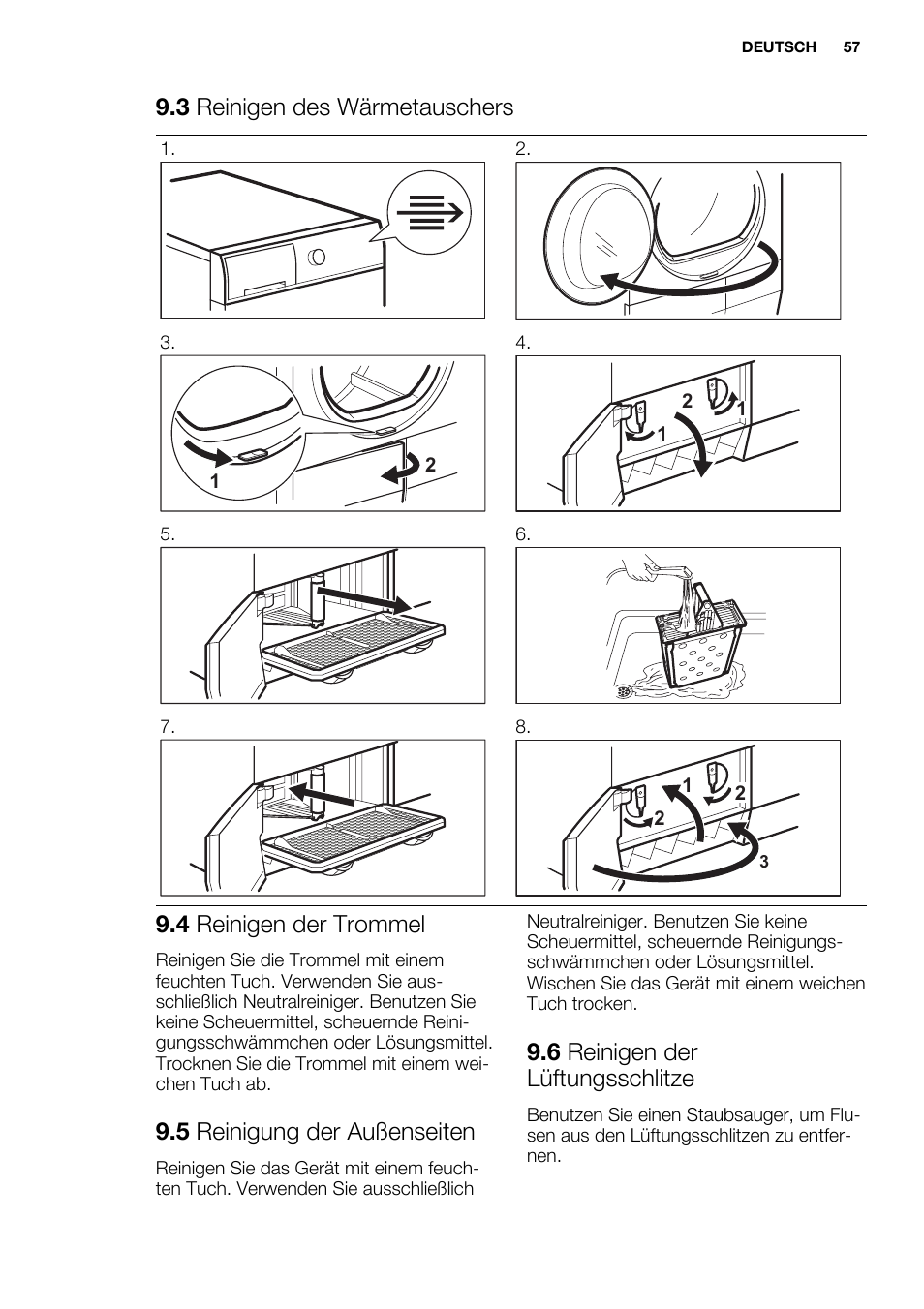 3 reinigen des wärmetauschers, 4 reinigen der trommel, 5 reinigung der außenseiten | 6 reinigen der lüftungsschlitze | Electrolux EDC2096GDW User Manual | Page 57 / 64