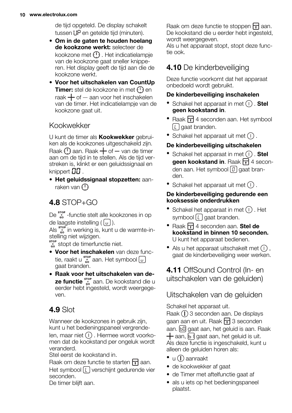 Kookwekker, 8 stop+go, 9 slot | 10 de kinderbeveiliging | Electrolux EHL9530FOK User Manual | Page 10 / 72