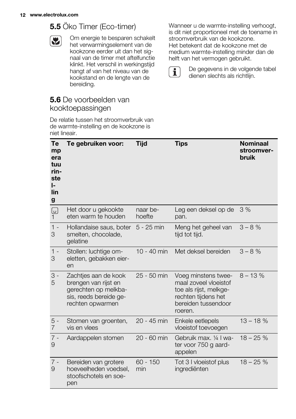 5 öko timer (eco-timer), 6 de voorbeelden van kooktoepassingen | Electrolux EHL9530FOK User Manual | Page 12 / 72
