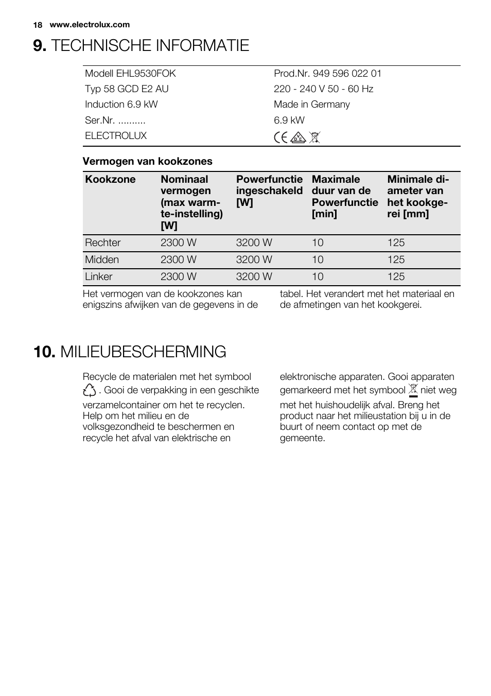 Technische informatie, Milieubescherming | Electrolux EHL9530FOK User Manual | Page 18 / 72