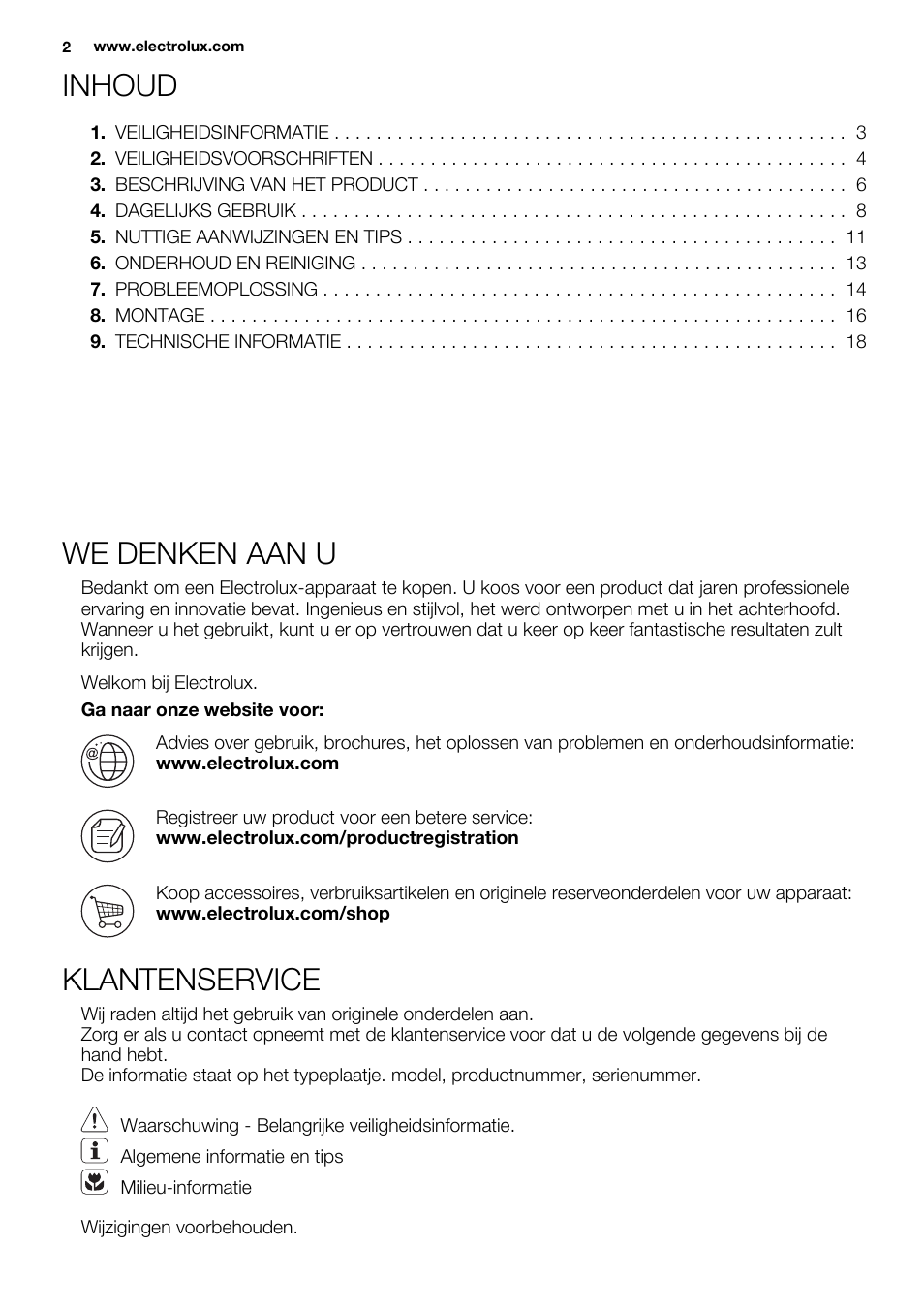 Inhoud, We denken aan u, Klantenservice | Electrolux EHL9530FOK User Manual | Page 2 / 72