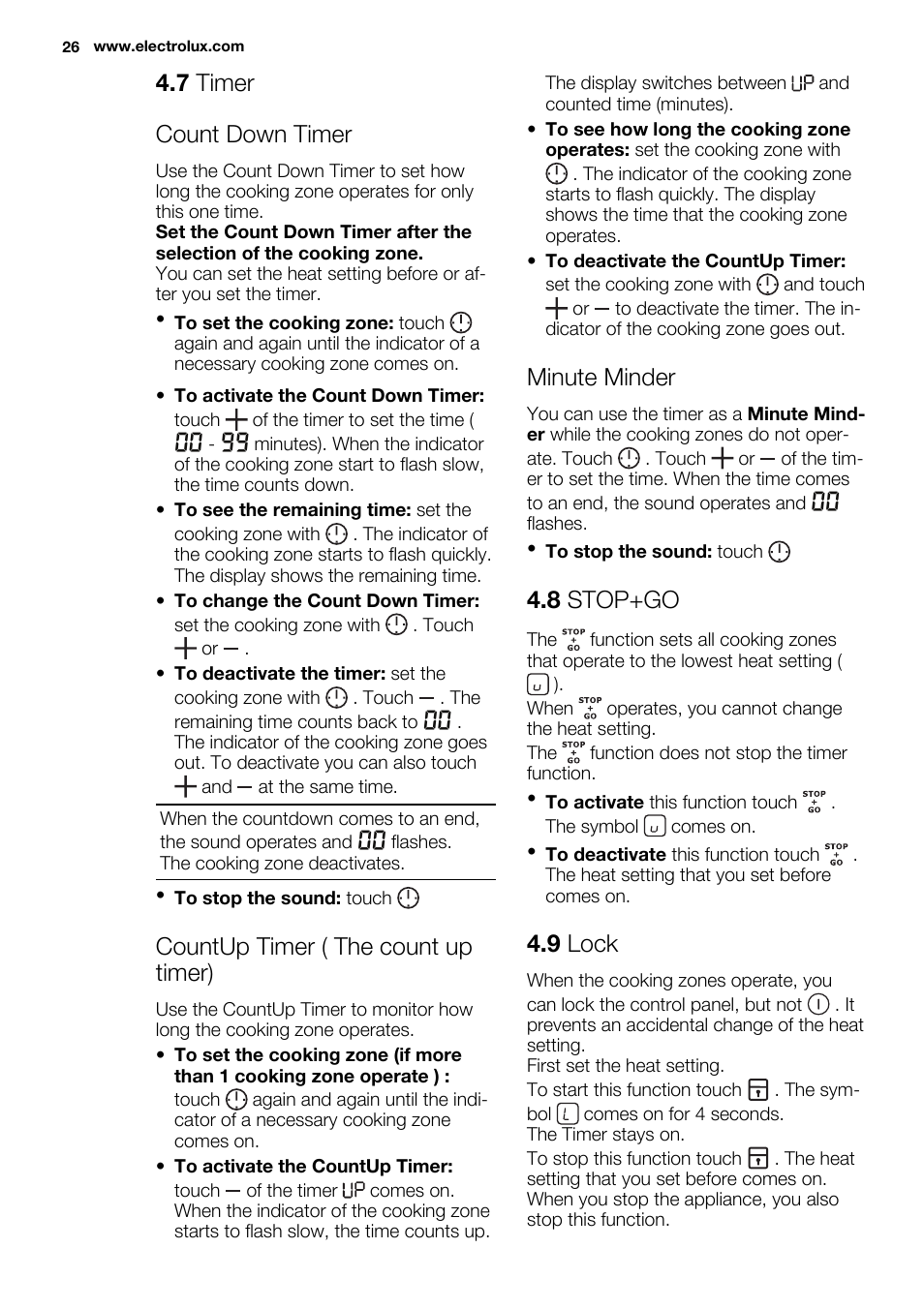 7 timer count down timer, Countup timer ( the count up timer), Minute minder | 8 stop+go, 9 lock | Electrolux EHL9530FOK User Manual | Page 26 / 72