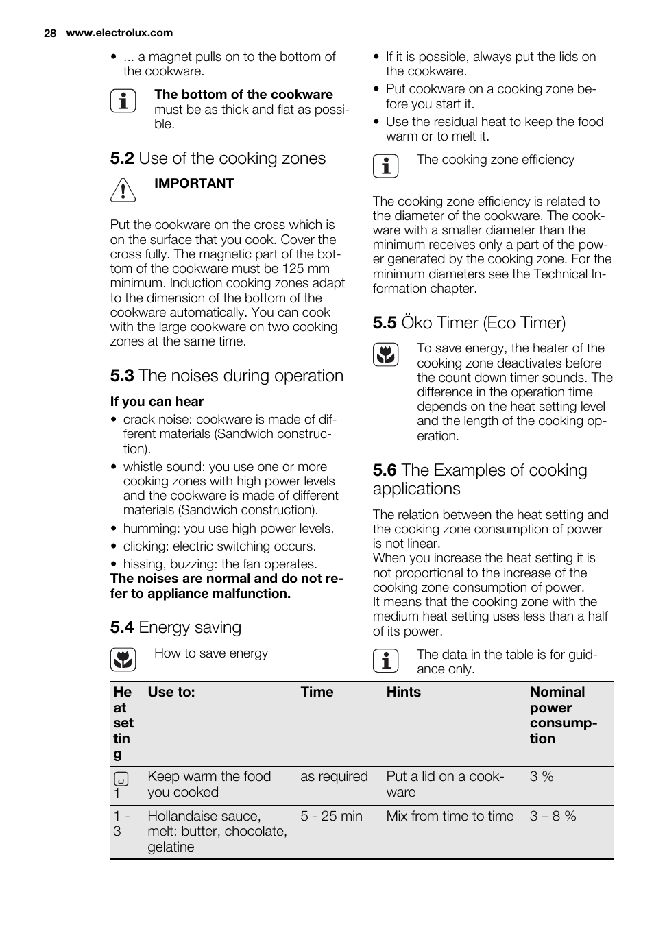 2 use of the cooking zones, 3 the noises during operation, 4 energy saving | 5 öko timer (eco timer), 6 the examples of cooking applications | Electrolux EHL9530FOK User Manual | Page 28 / 72