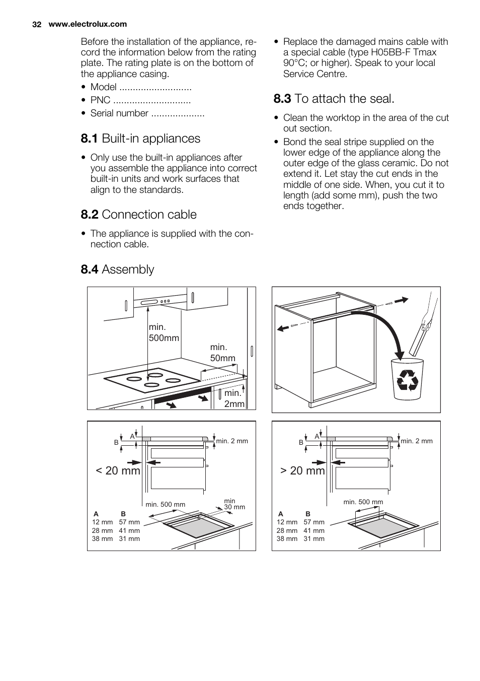 1 built-in appliances, 2 connection cable, 3 to attach the seal | 4 assembly, 20 mm | Electrolux EHL9530FOK User Manual | Page 32 / 72
