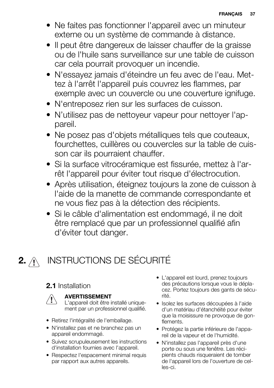 Instructions de sécurité | Electrolux EHL9530FOK User Manual | Page 37 / 72