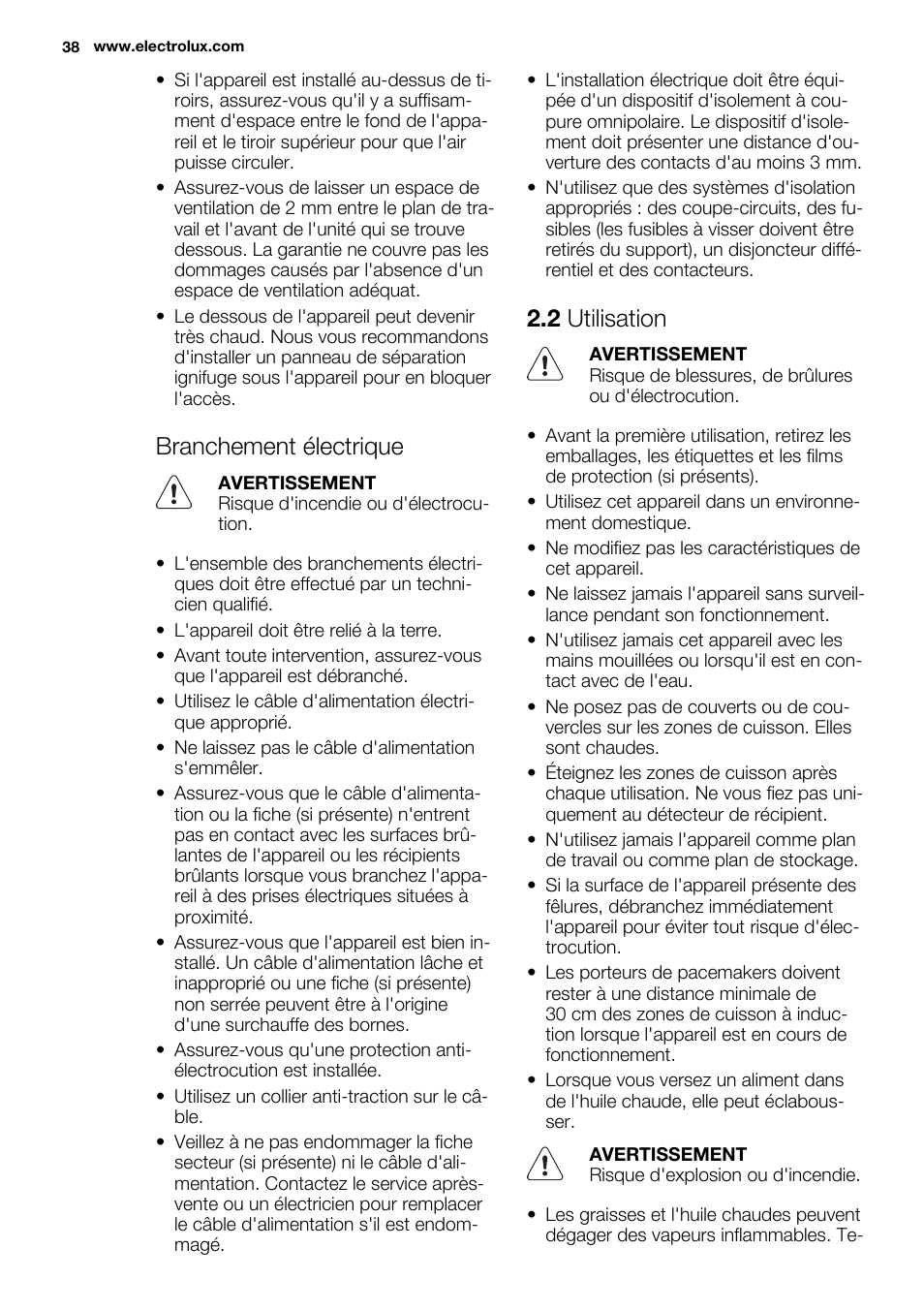 Branchement électrique, 2 utilisation | Electrolux EHL9530FOK User Manual | Page 38 / 72