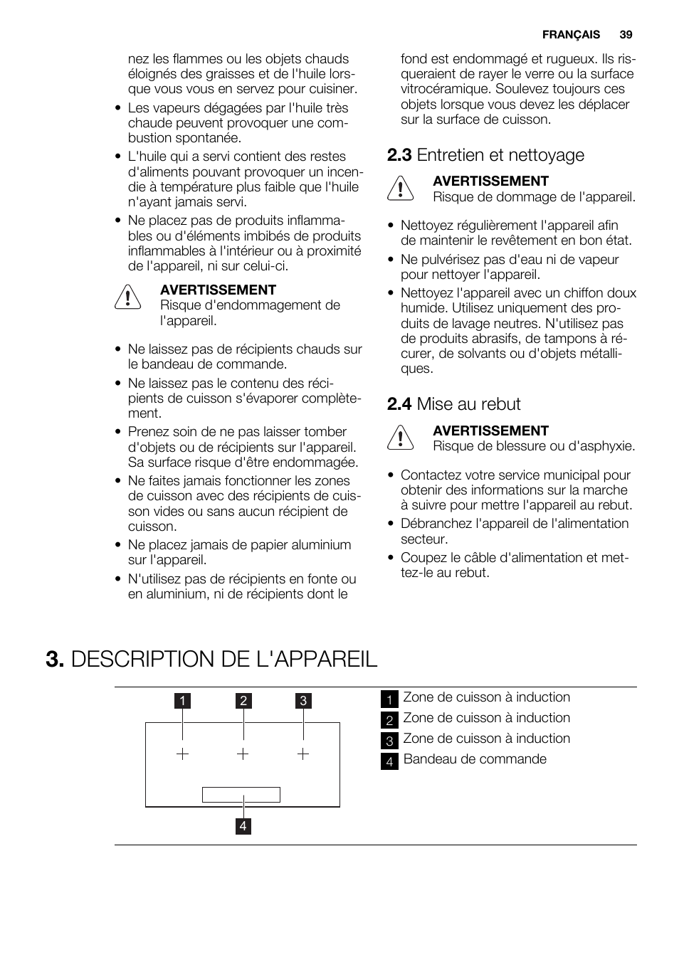 Description de l'appareil, 3 entretien et nettoyage, 4 mise au rebut | Electrolux EHL9530FOK User Manual | Page 39 / 72