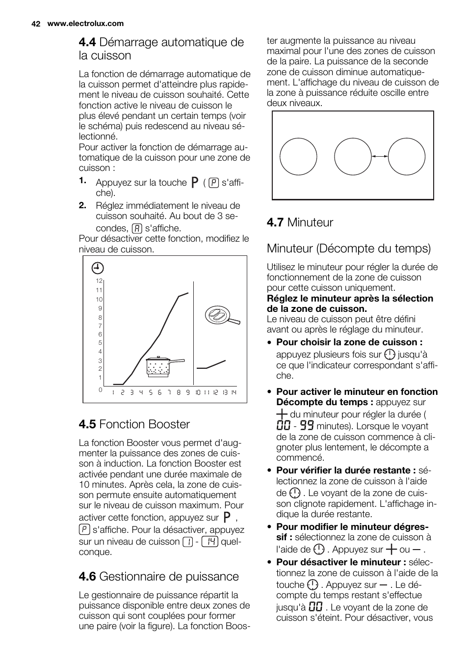 4 démarrage automatique de la cuisson, 5 fonction booster, 6 gestionnaire de puissance | 7 minuteur minuteur (décompte du temps) | Electrolux EHL9530FOK User Manual | Page 42 / 72