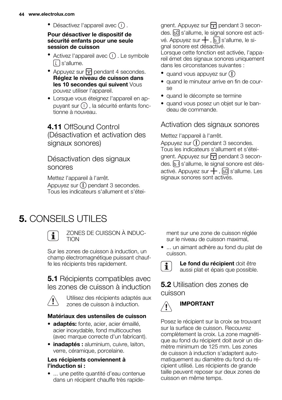 Conseils utiles, Activation des signaux sonores, 2 utilisation des zones de cuisson | Electrolux EHL9530FOK User Manual | Page 44 / 72