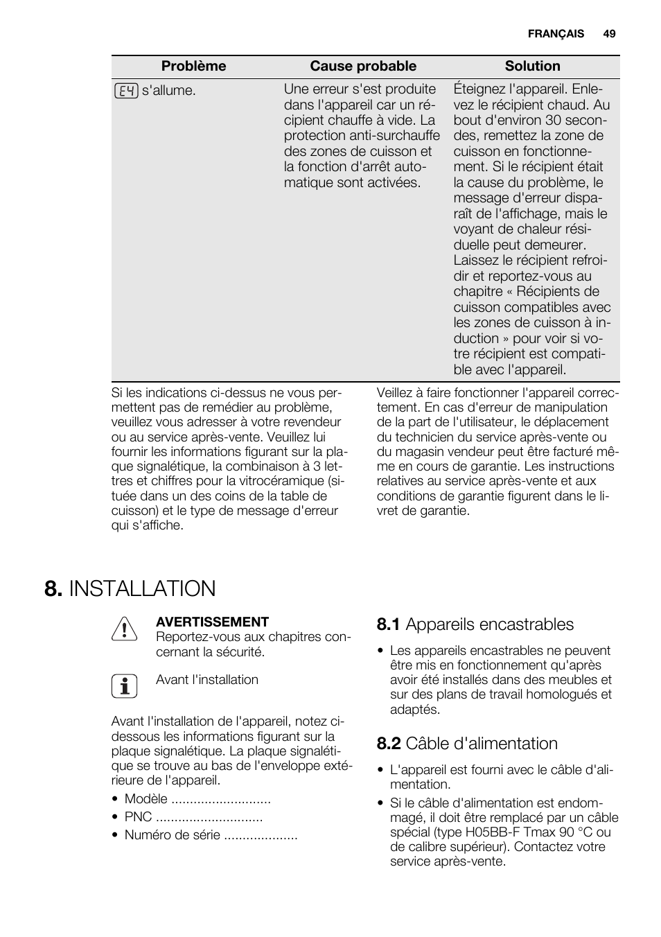 Installation, 1 appareils encastrables, 2 câble d'alimentation | Electrolux EHL9530FOK User Manual | Page 49 / 72