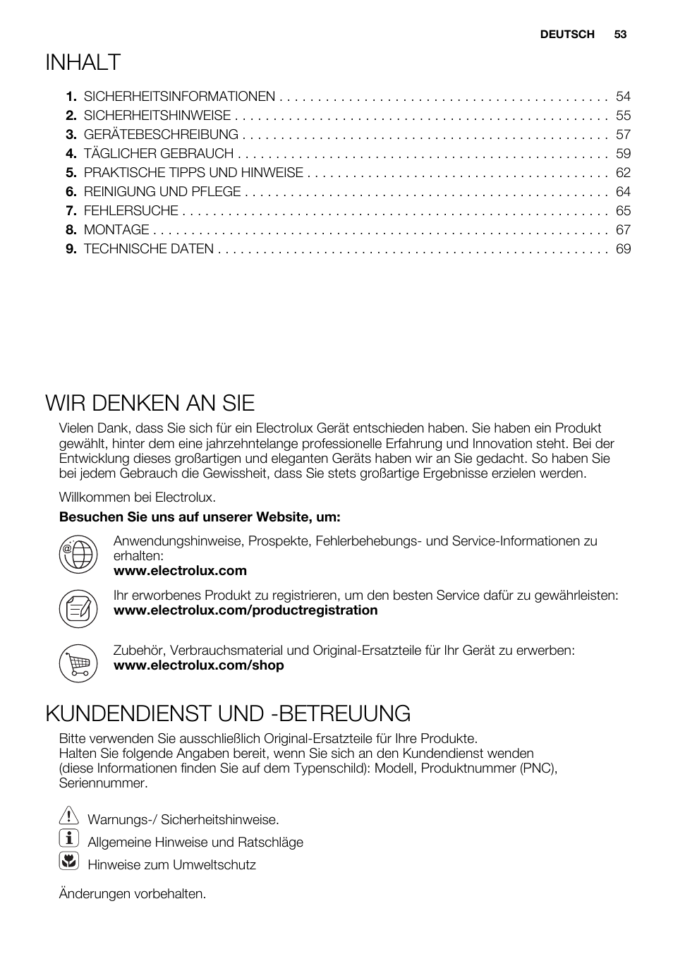 Inhalt, Wir denken an sie, Kundendienst und -betreuung | Electrolux EHL9530FOK User Manual | Page 53 / 72