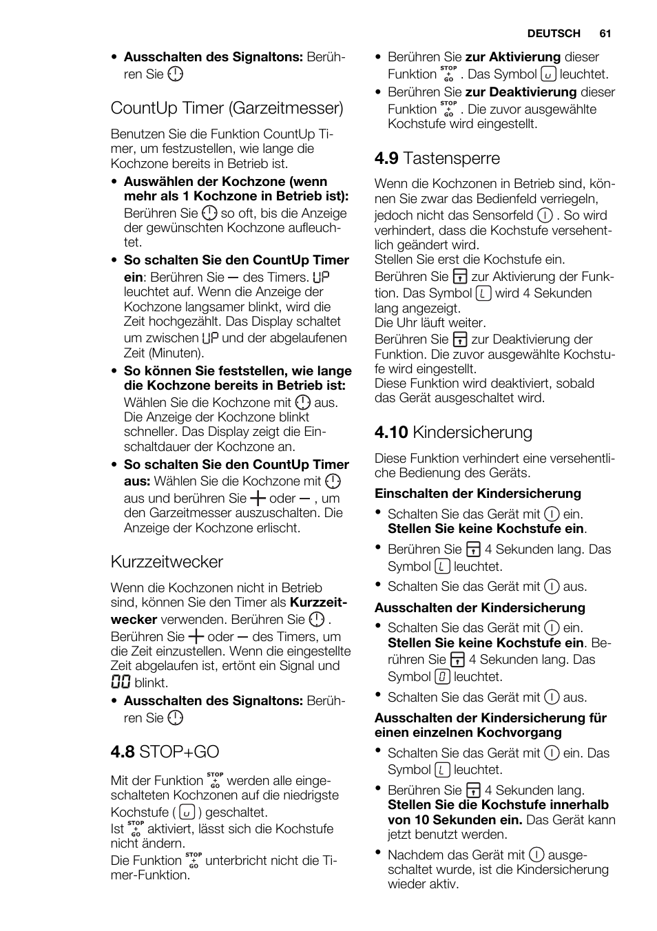 Countup timer (garzeitmesser), Kurzzeitwecker, 8 stop+go | 9 tastensperre, 10 kindersicherung | Electrolux EHL9530FOK User Manual | Page 61 / 72