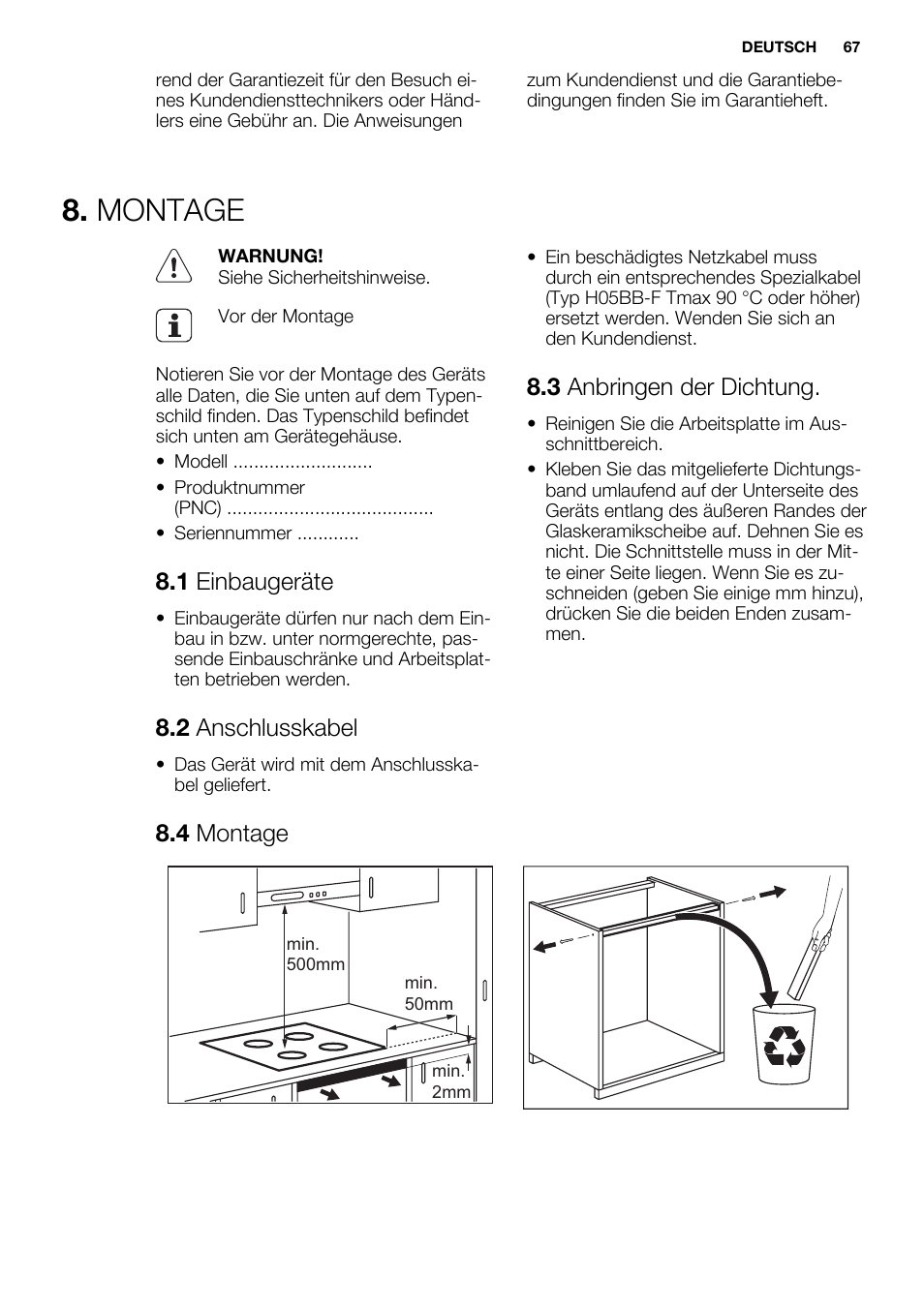 Montage, 1 einbaugeräte, 2 anschlusskabel | 3 anbringen der dichtung, 4 montage | Electrolux EHL9530FOK User Manual | Page 67 / 72