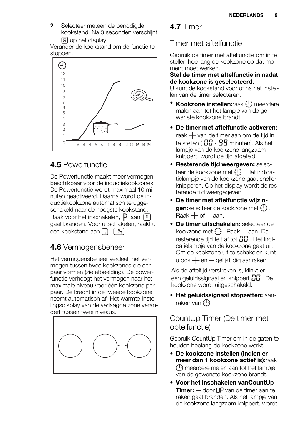 5 powerfunctie, 6 vermogensbeheer, 7 timer timer met aftelfunctie | Countup timer (de timer met optelfunctie) | Electrolux EHL9530FOK User Manual | Page 9 / 72