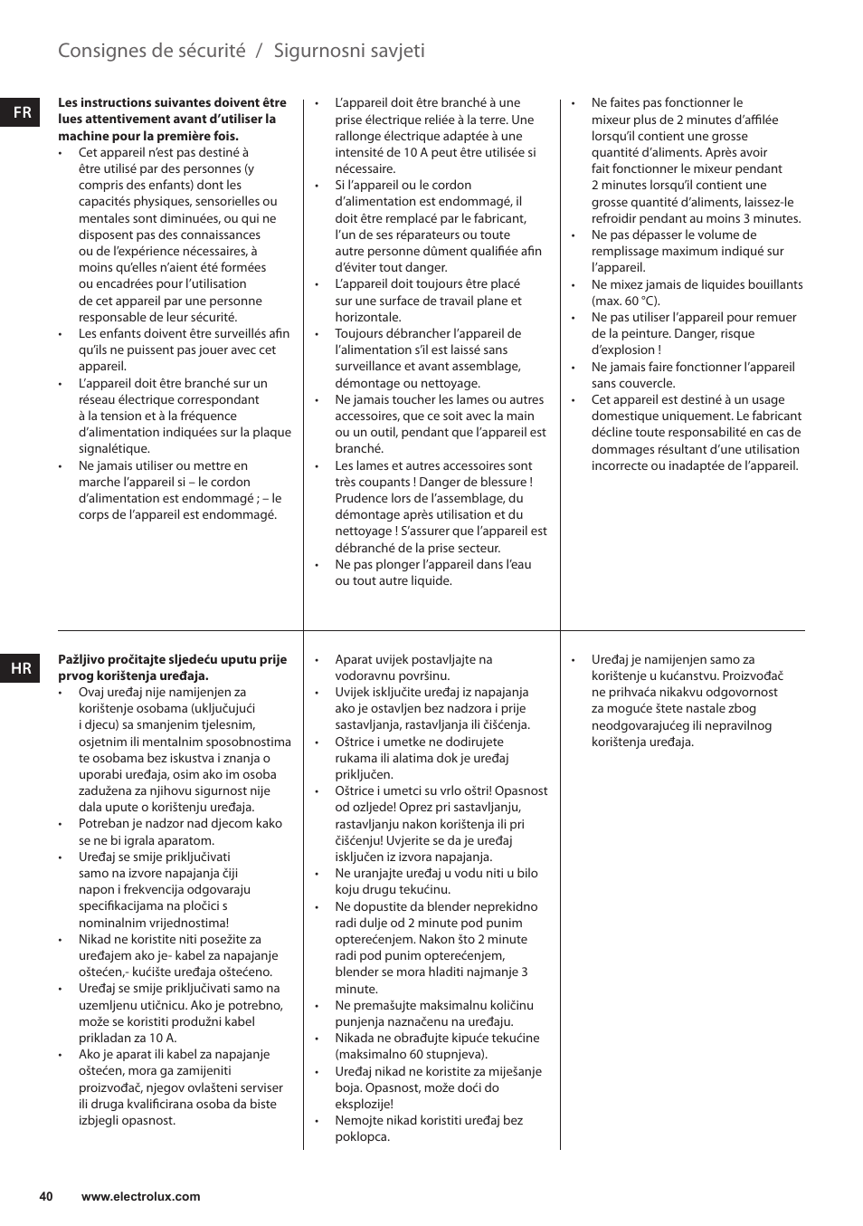 Sigurnosni savjeti, Consignes de sécurité, It hr | Electrolux EFP5300 User Manual | Page 40 / 124