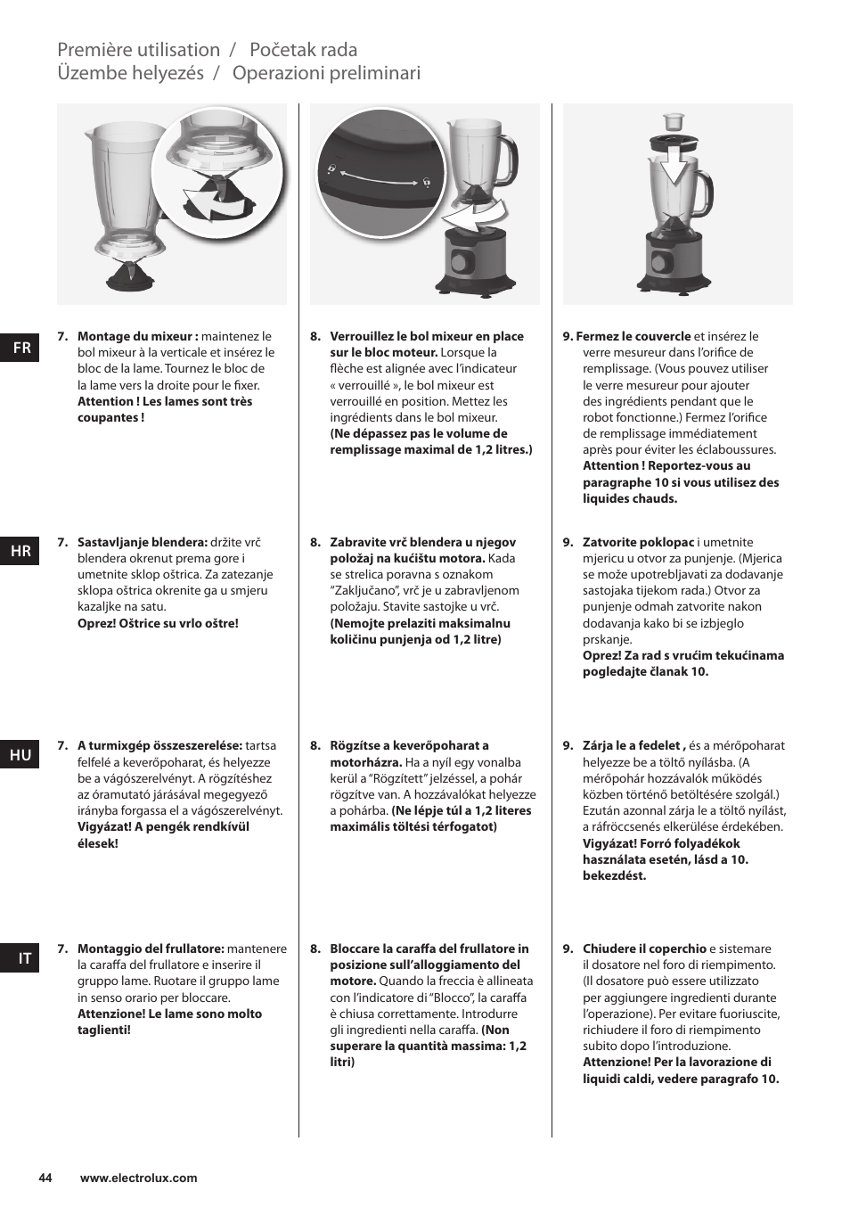 Operazioni preliminari, Üzembe helyezés, Početak rada | Première utilisation | Electrolux EFP5300 User Manual | Page 44 / 124