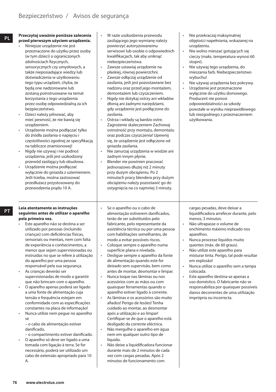 Avisos de segurança, Bezpieczeństwo | Electrolux EFP5300 User Manual | Page 76 / 124