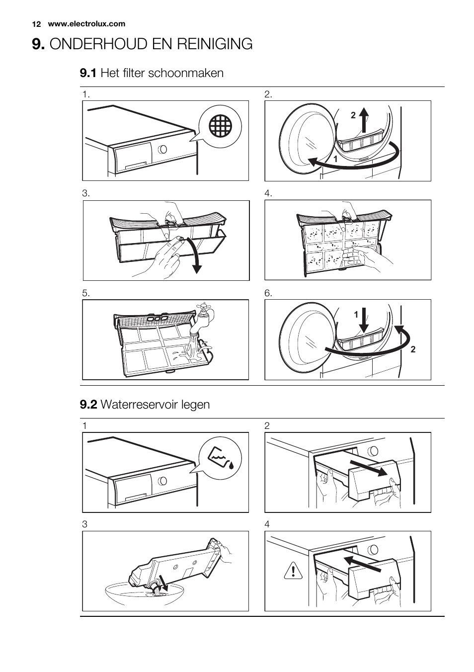 Onderhoud en reiniging, 1 het filter schoonmaken, 2 waterreservoir legen | Electrolux EDC2086PDW User Manual | Page 12 / 64