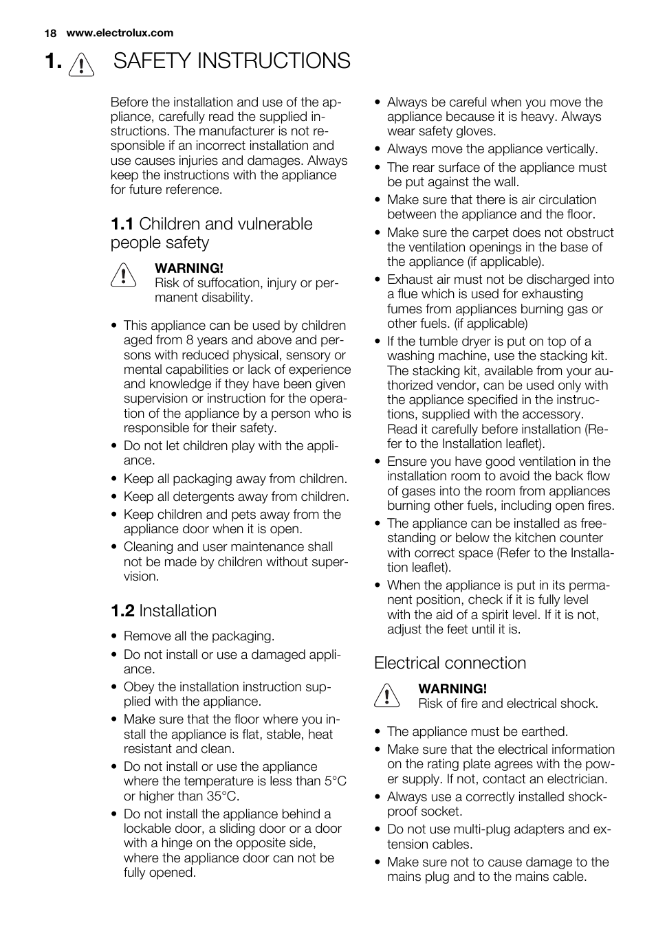 Safety instructions, 1 children and vulnerable people safety, 2 installation | Electrical connection | Electrolux EDC2086PDW User Manual | Page 18 / 64