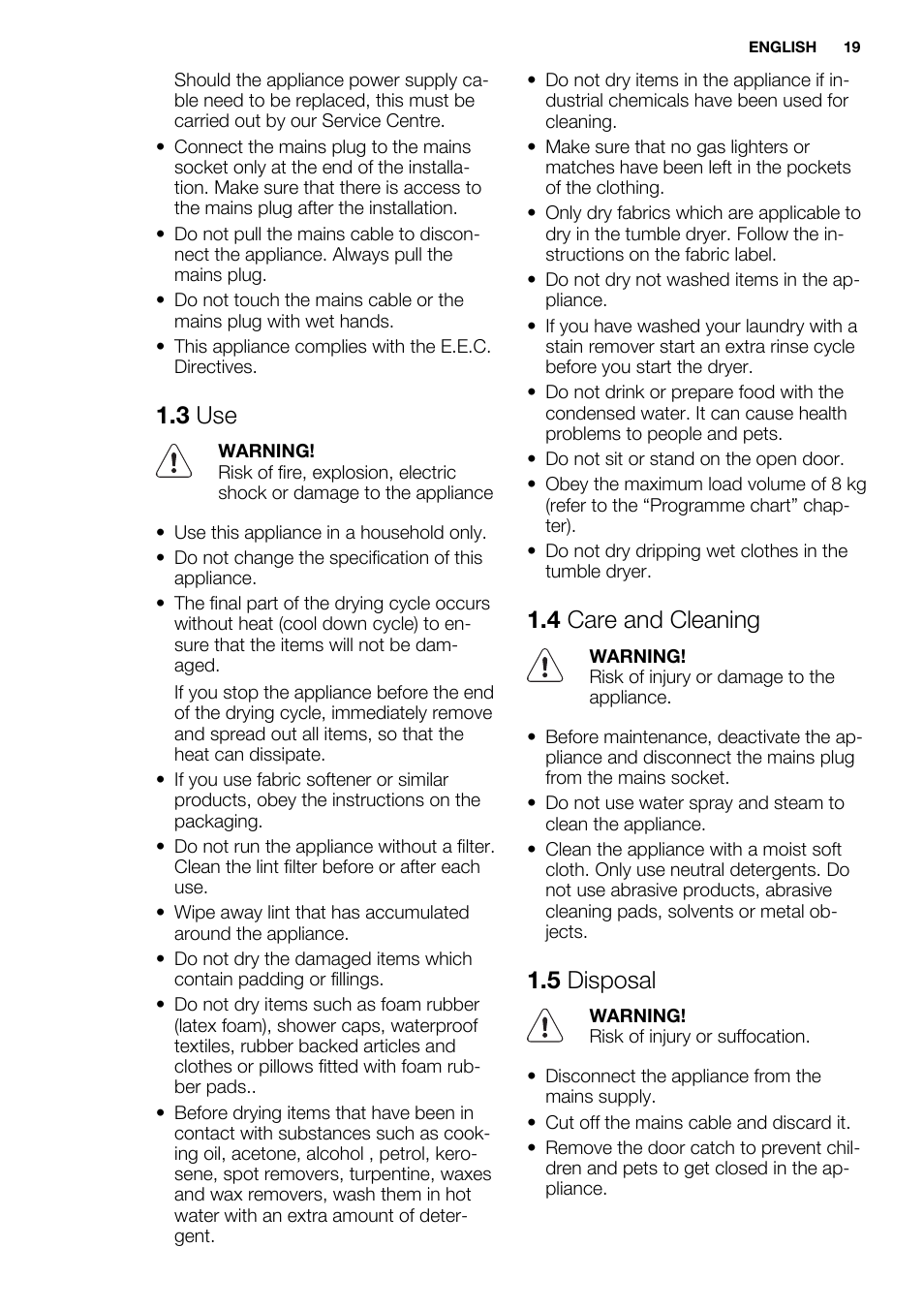 3 use, 4 care and cleaning, 5 disposal | Electrolux EDC2086PDW User Manual | Page 19 / 64