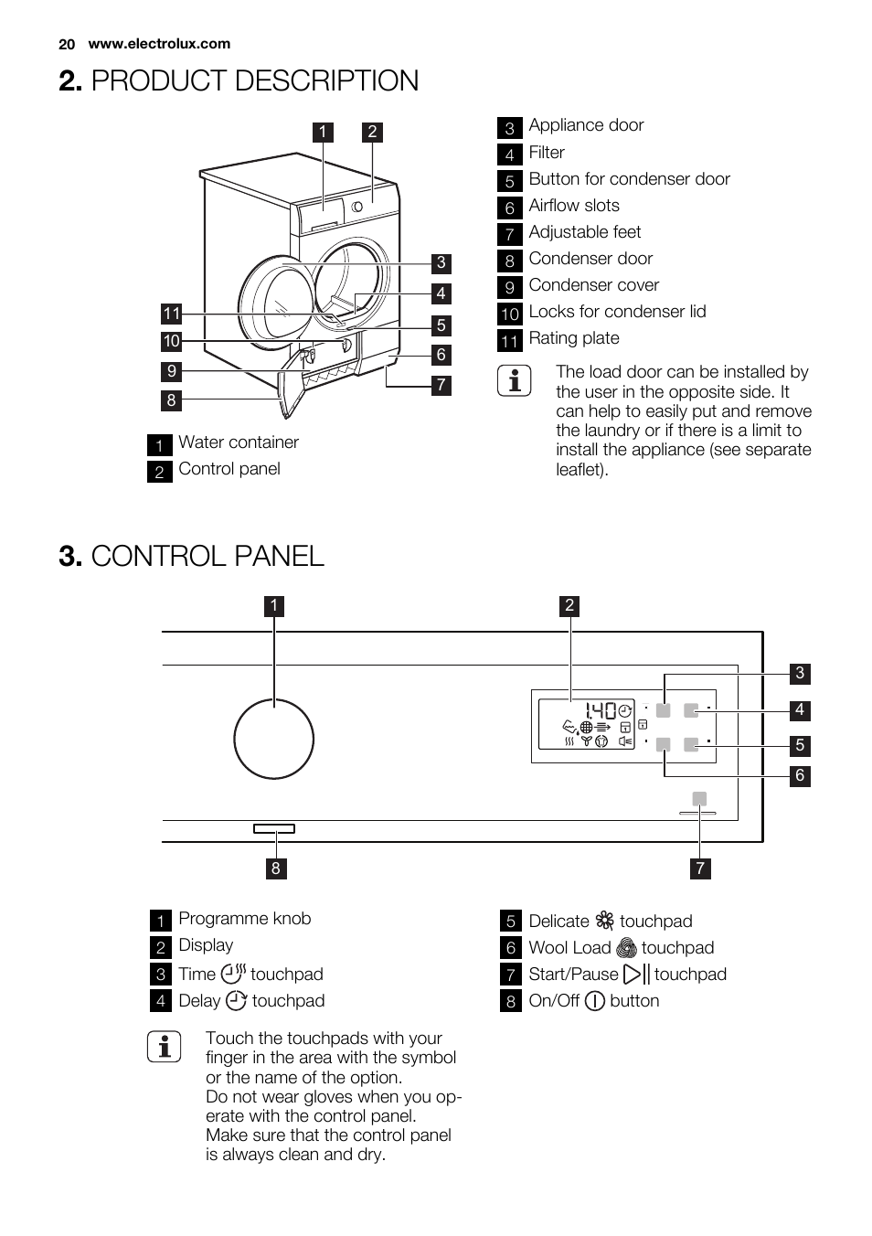 Product description, Control panel | Electrolux EDC2086PDW User Manual | Page 20 / 64