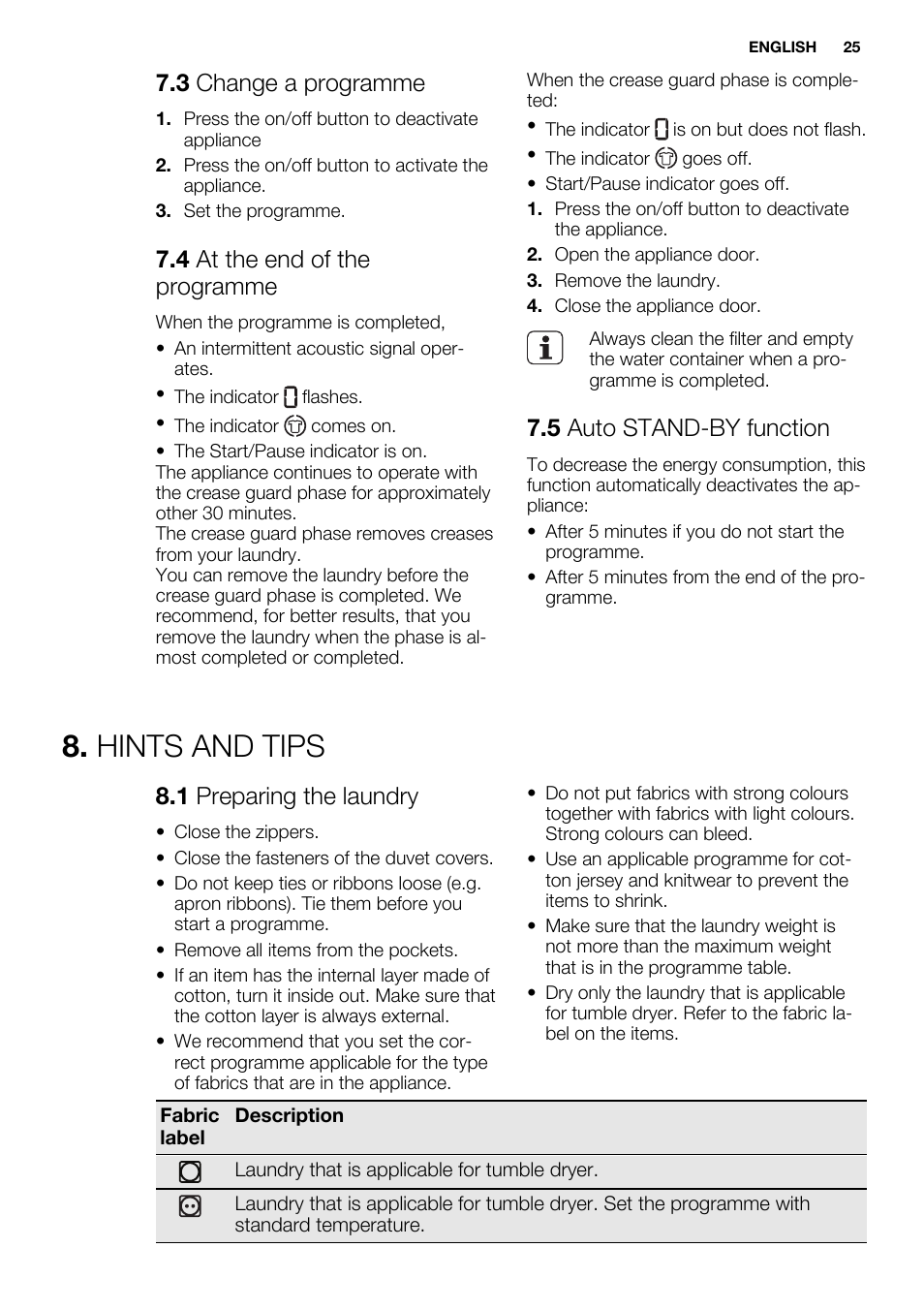 Hints and tips, 3 change a programme, 4 at the end of the programme | 5 auto stand-by function, 1 preparing the laundry | Electrolux EDC2086PDW User Manual | Page 25 / 64