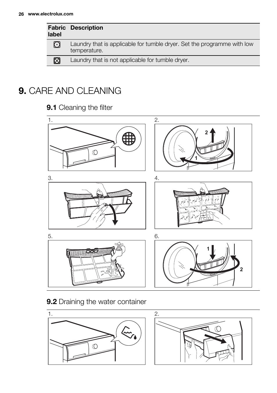 Care and cleaning, 1 cleaning the filter, 2 draining the water container | Electrolux EDC2086PDW User Manual | Page 26 / 64