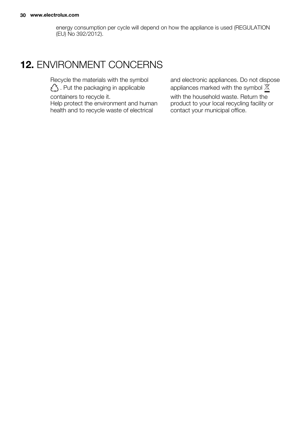 Environment concerns | Electrolux EDC2086PDW User Manual | Page 30 / 64